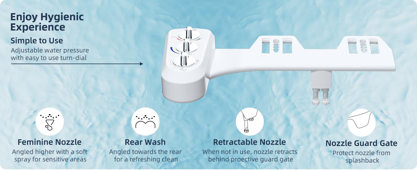 Hibbent Toilet Seat Bidet with Self Cleaning Dual Nozzle, Hot and Cold Water Spray Non-Electric Mechanical Bidet Toilet Attachment for Rear or Female Washing Sanitizing toilet seat
