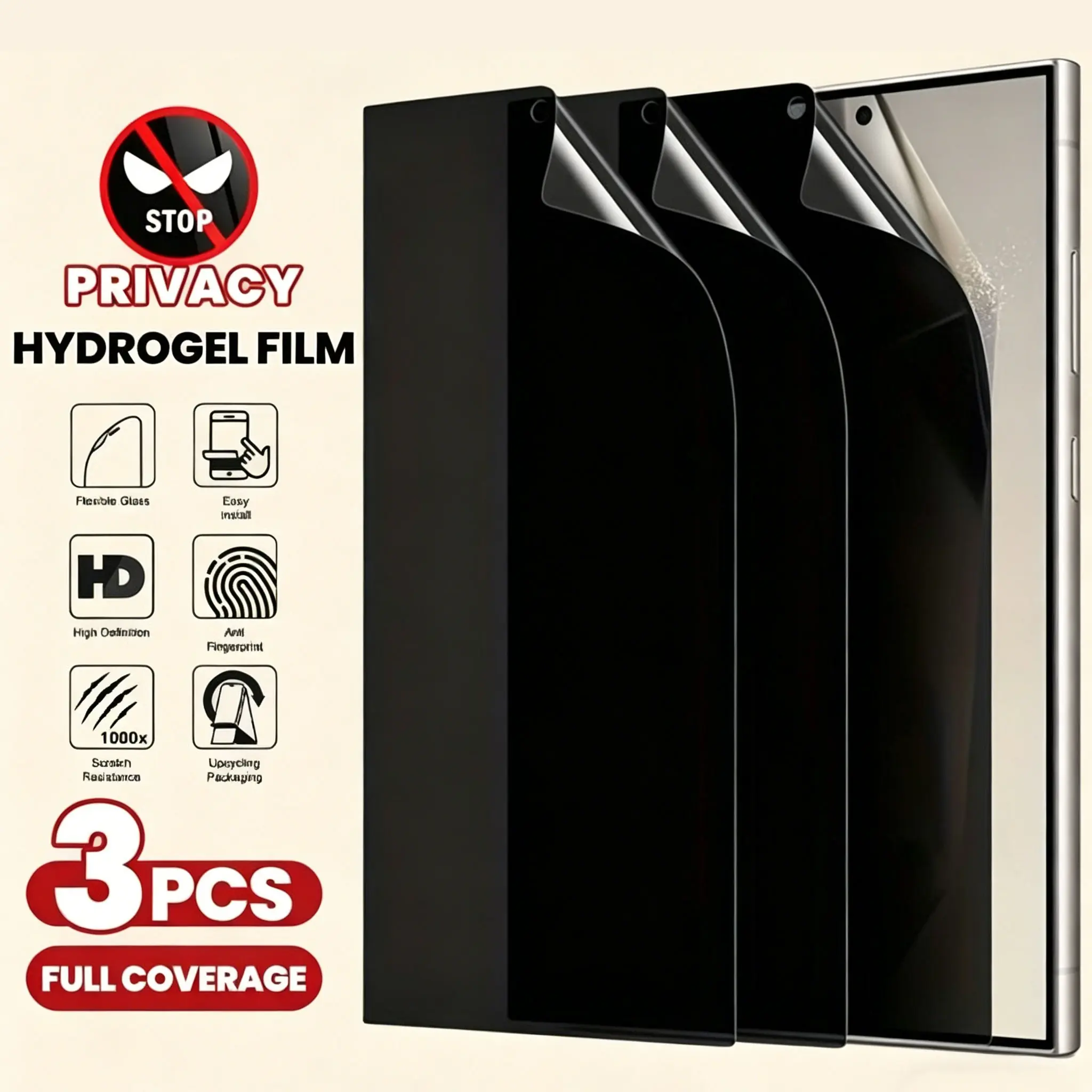 3 pcs Anti Spy Privacy Soft Hydrogel Film Compatible With Samsung Galaxy S26 Ultra/S26 Plus/S25 Ultra/S24/S25 Edge/S23 Ultra/S22/S21/S20 Plus/FE Full Cover Cellphone Screen Protector Compatible With Samsung Note 20 Ultra/20/10 Plus Privacy Hydrogel Film