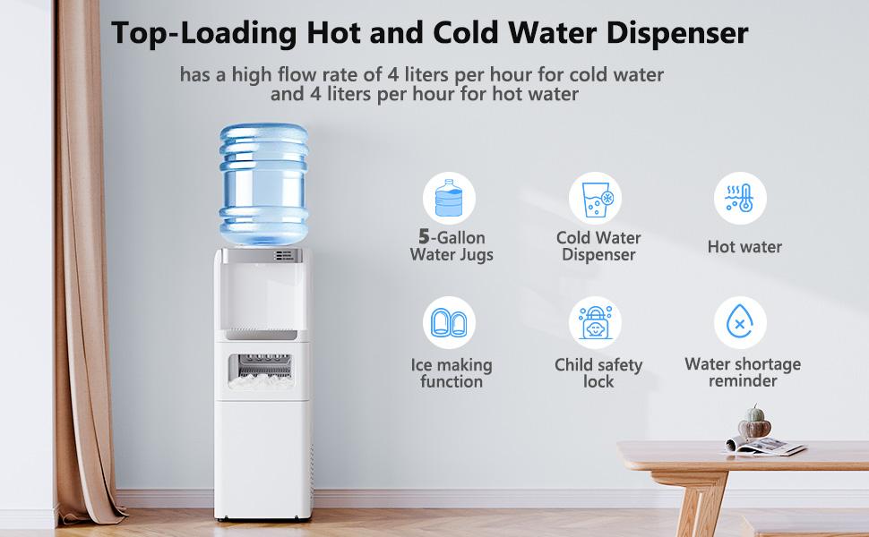 COWSAR Water Dispenser with Ice Maker Function, Top Loading Hot and Cold Water Cooler for 5 Gallon Bottle - Includes Child Safety Lock - Water Machine for Home, Office, Garage - White