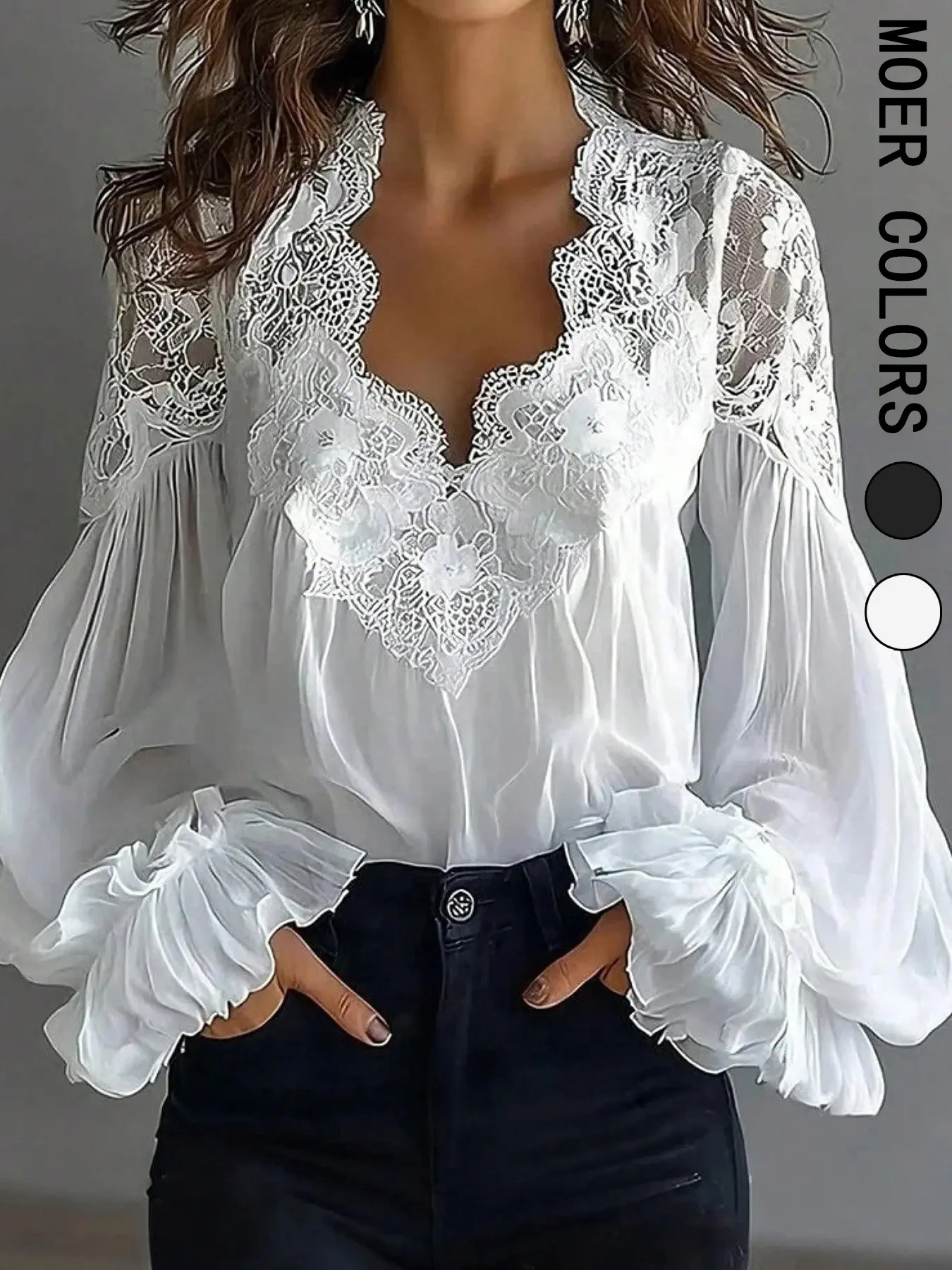 Women's Lace Trim V-Neck Shirt, Transparent Chiffon Material, Lantern Sleeve Ruched Hem Top, Elegant and Stylish Upperwear