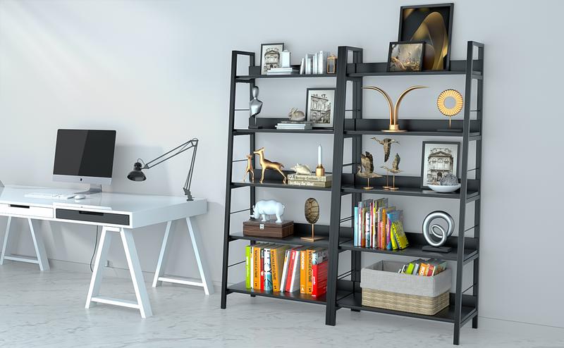 5-tier Ladder Shelving Unit Bookshelf Storage Rack with Sturdy Metal Frame Wooden Shelves Utility Rack for Living Room Office Kitchen, 2 Size for 28"W x 14"D x 59"H/24"W x 14"D x 59"H, Black/Brown/Walnut