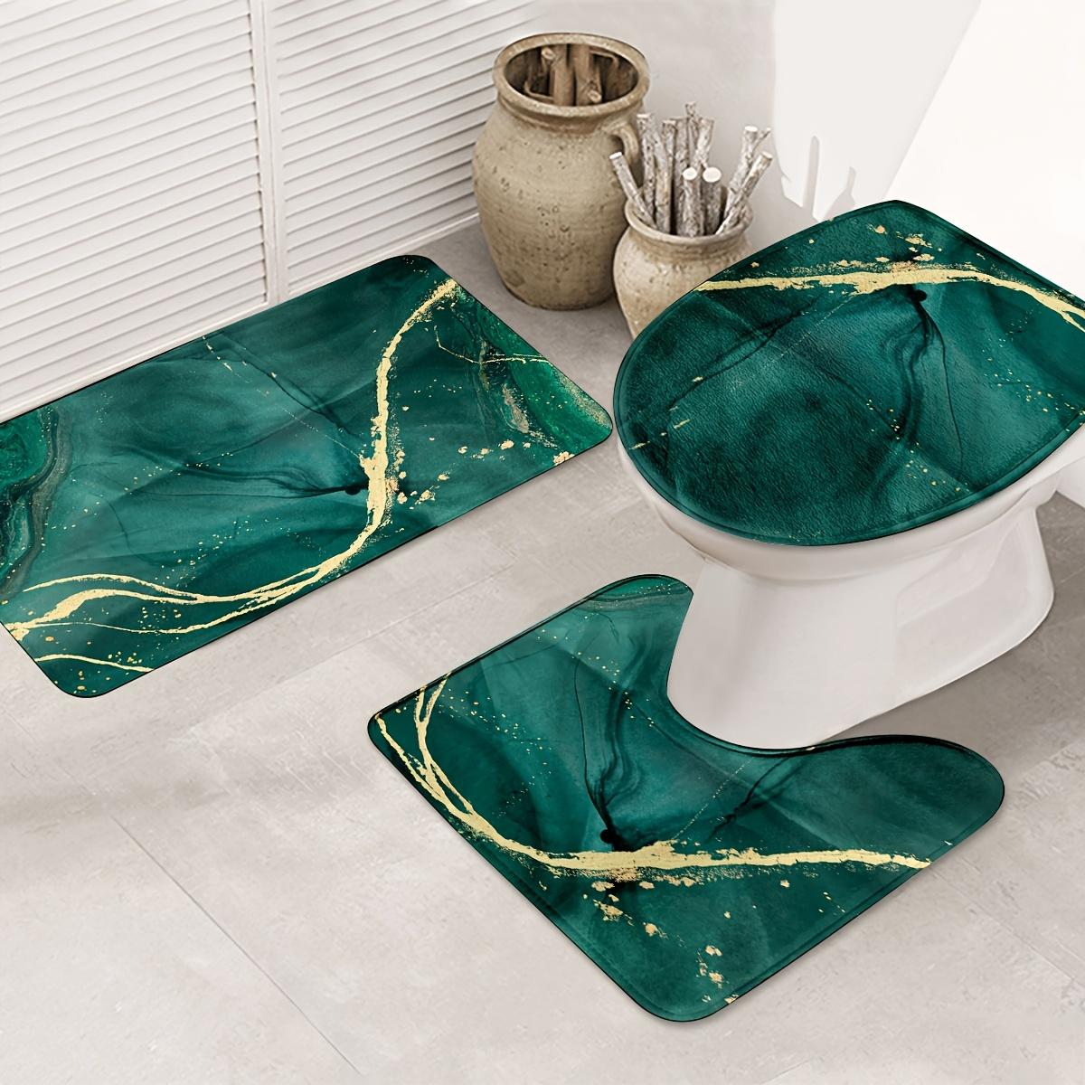 3PCS Green Marble & Golden Bath Rug Set, Fleece Non-Slip Absorbent Mat, Includes U-Shaped Rug and Toilet Lid Cover for Decor