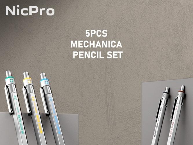 Nicpro 5 Pack Blocky Gear Mechanical Pencil Set with Case, Metal Mechanical Pencils 0.3, 0.5, 0.7, 0.9, 2mm Lead Holder for Art Drawing Sketching with 21 Tubes Lead Refills, Office Stationery Supplies, Writing Stationery