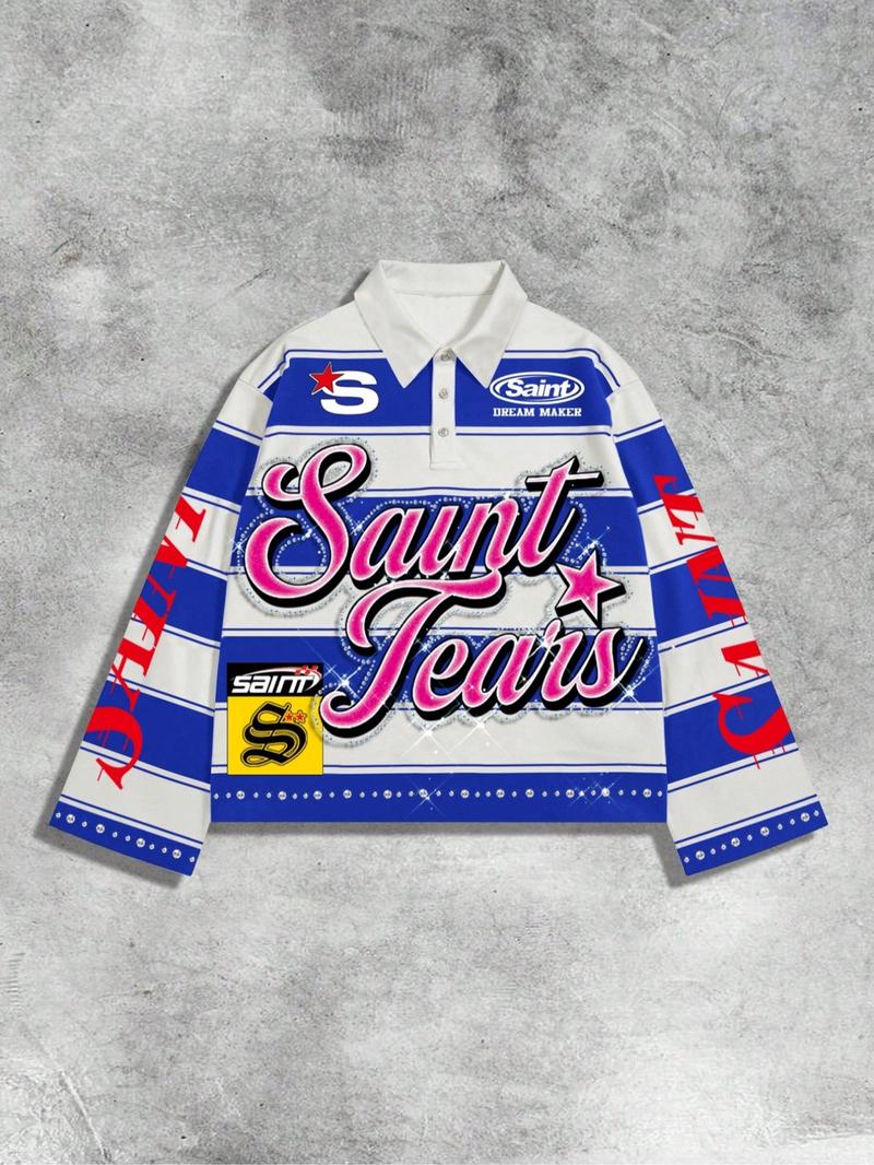 Men's Street Life Men's Street Graphic Print Stripe Polo Neck Long Sleeve T-Shirt, Autumn Winter