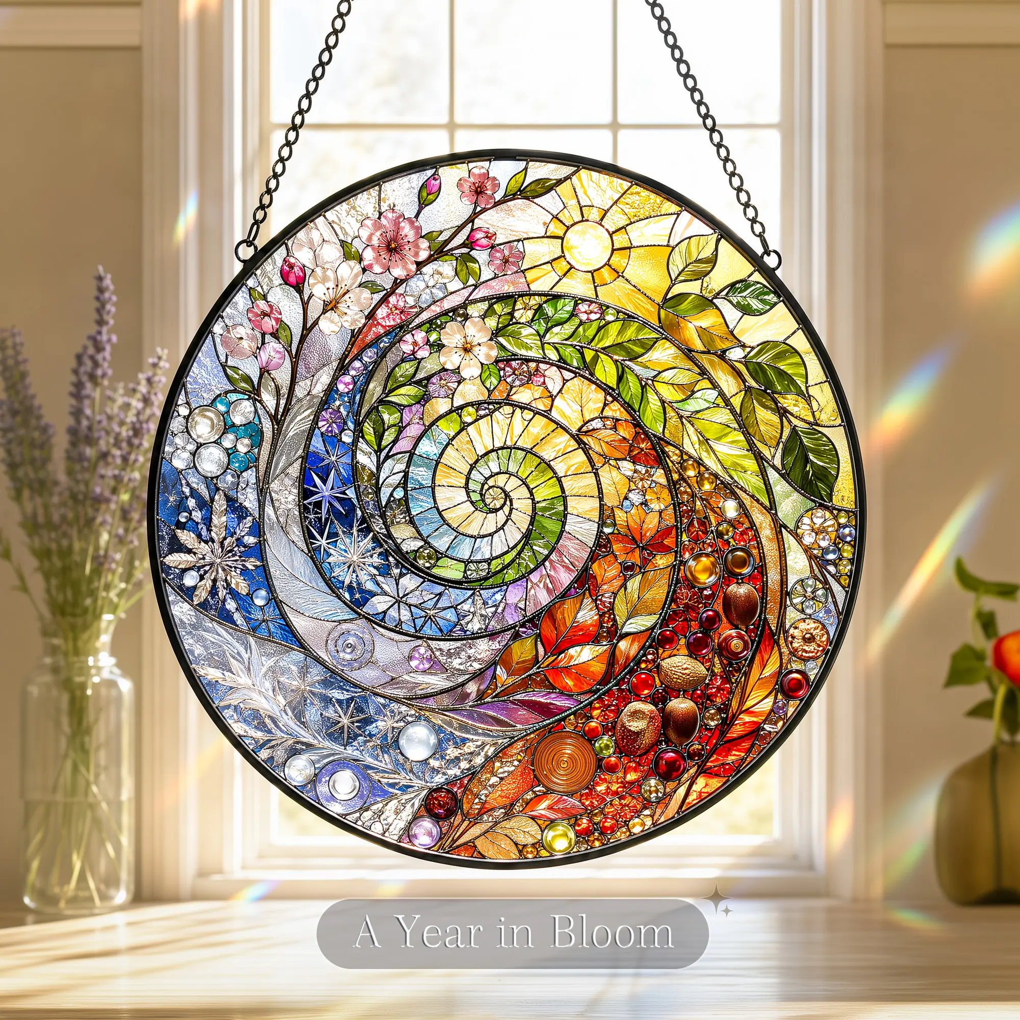 4-Season Floral Stained Glass Suncatcher Window Hanging, Botanical Flower Home Decor, Colorful Hanging Ornament Gift for Home Decor Enthusiasts