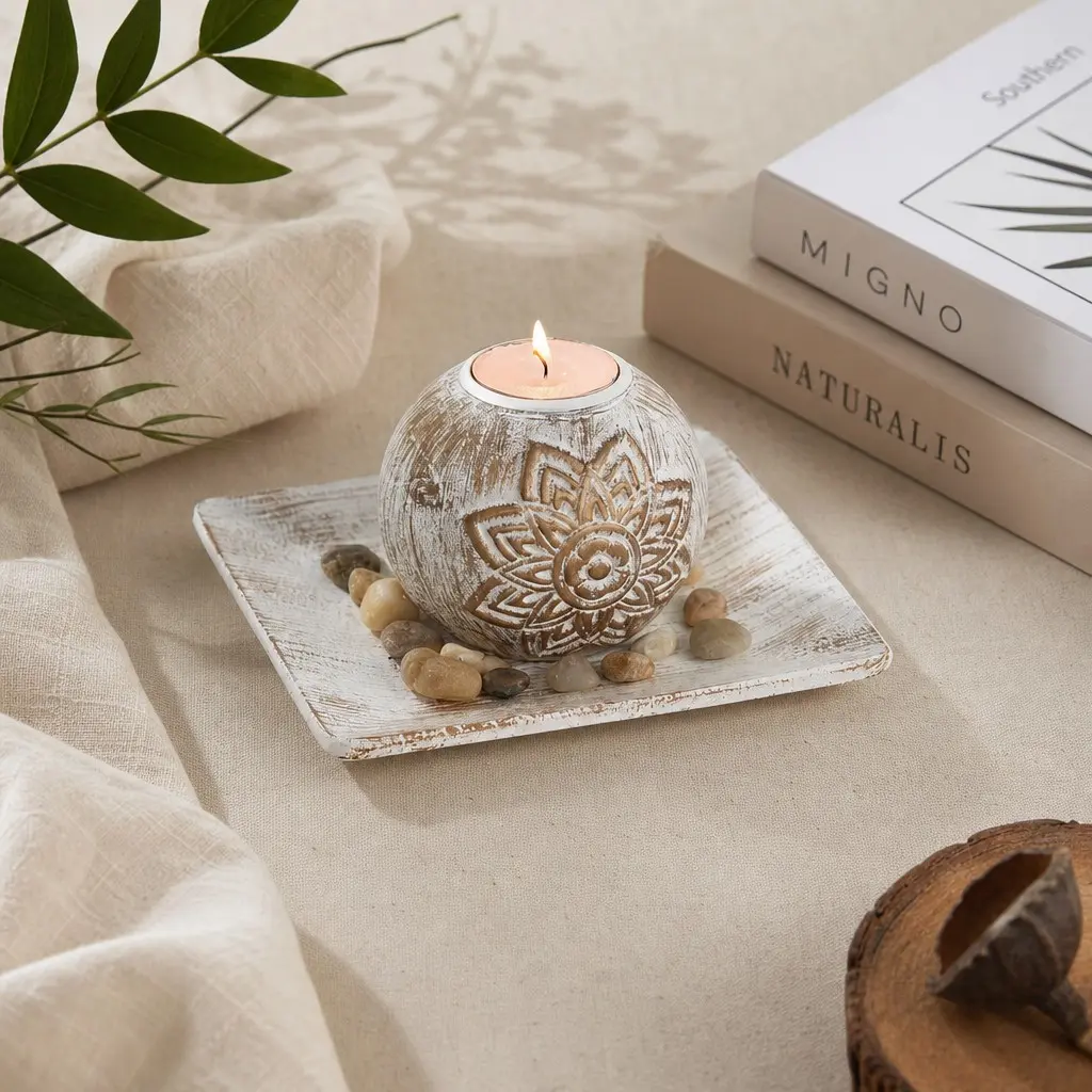 Bohemian Style Wooden Candle Holder, Hand Carved Floral Design, Decorative Candle Stand, Perfect for Home Decoration and Festive Occasions