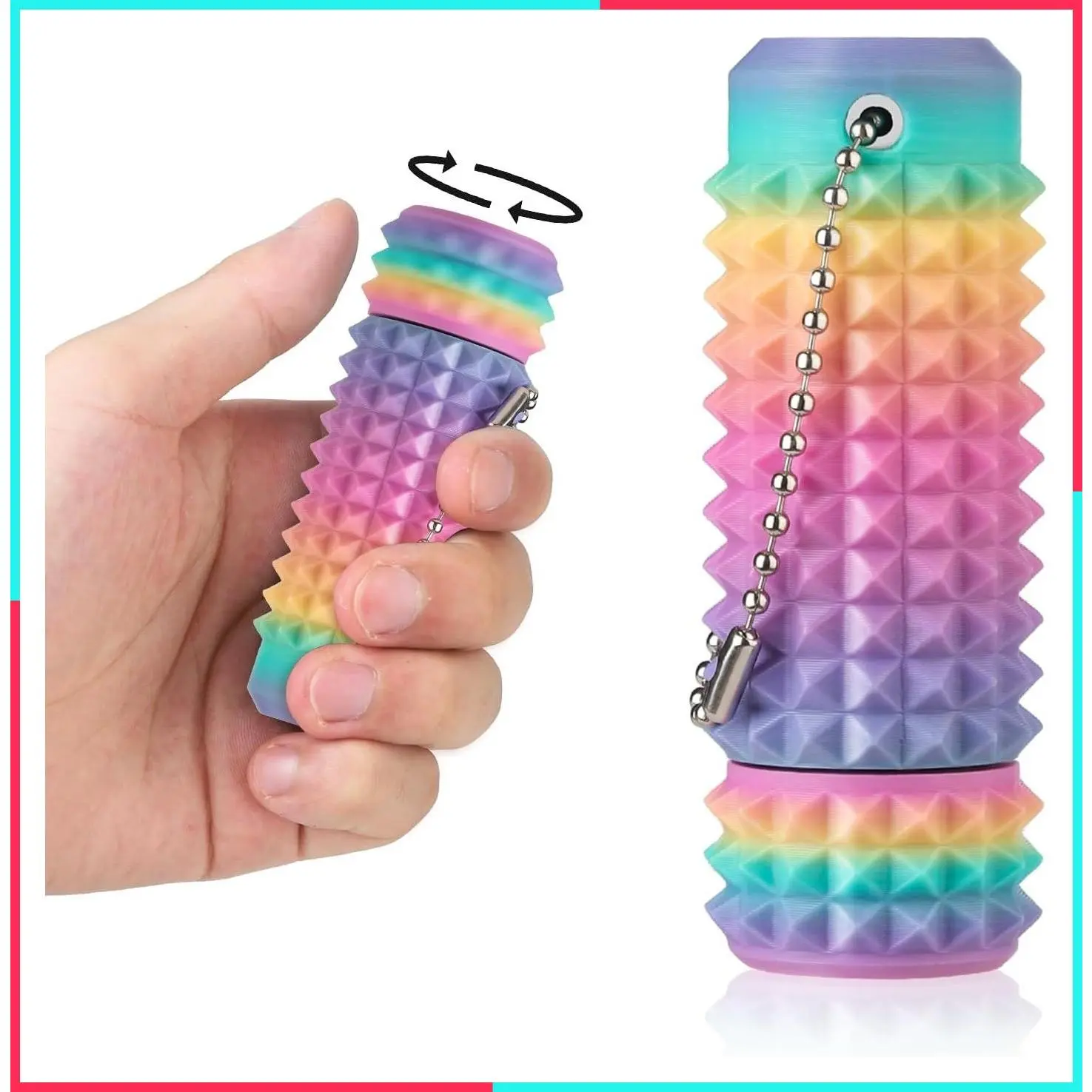 Pain Stim Fidget Toy, 3D Printed Pocket Spiky Keychain with Clicker Button Spinner Sensory Toys for Anxiety Focus & Stress Reduction Novelty Gifts(Rotate Rainbow2)