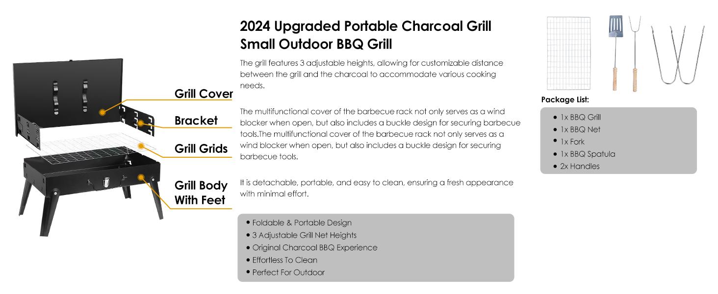 GEEKHOM Portable Charcoal Grill, Outdoor Small BBQ Grill with Barbecue Accessories, Folding Camping Grill for Outdoor Cooking Travel Picnic Patio Beach Hiking Park, Height Adjustable for 3 to 5 People