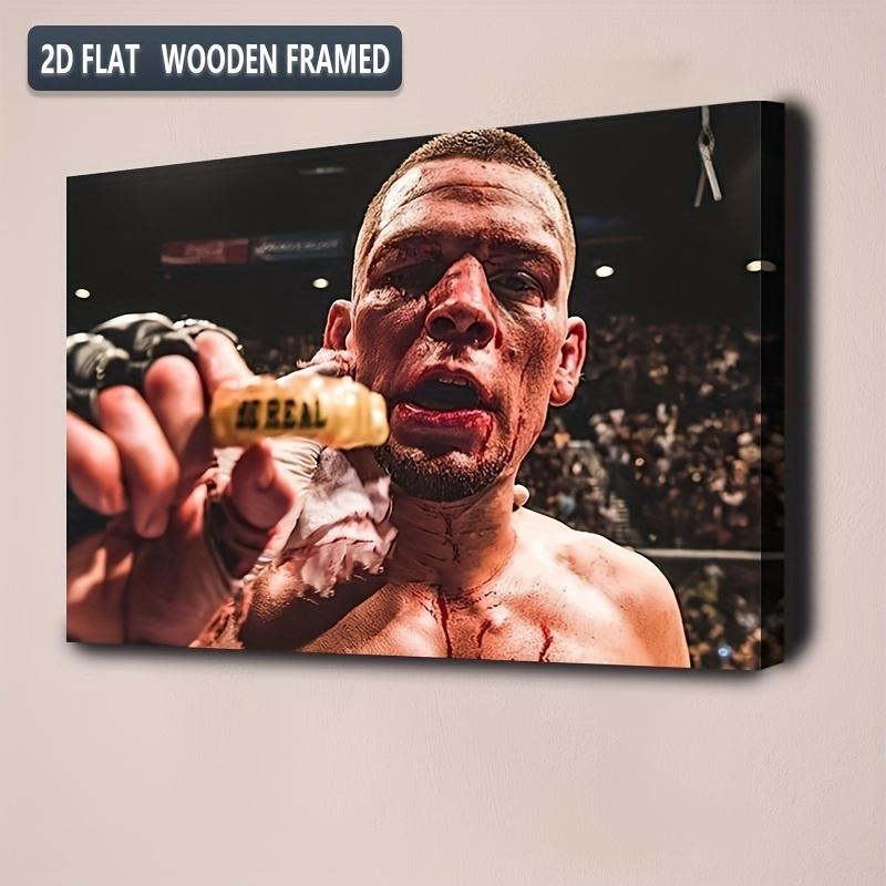 1 Piece Realistic MMA Fighting Canvas Wall Art - Boxing Knockout Victory Poster, Wrestler with Blood Splatter, Champion Belt and Knockout Punch - Wooden Frame Compatible with Cave, Gym, Fighting Room Decoration - Ideal Gift, 2D Flat
