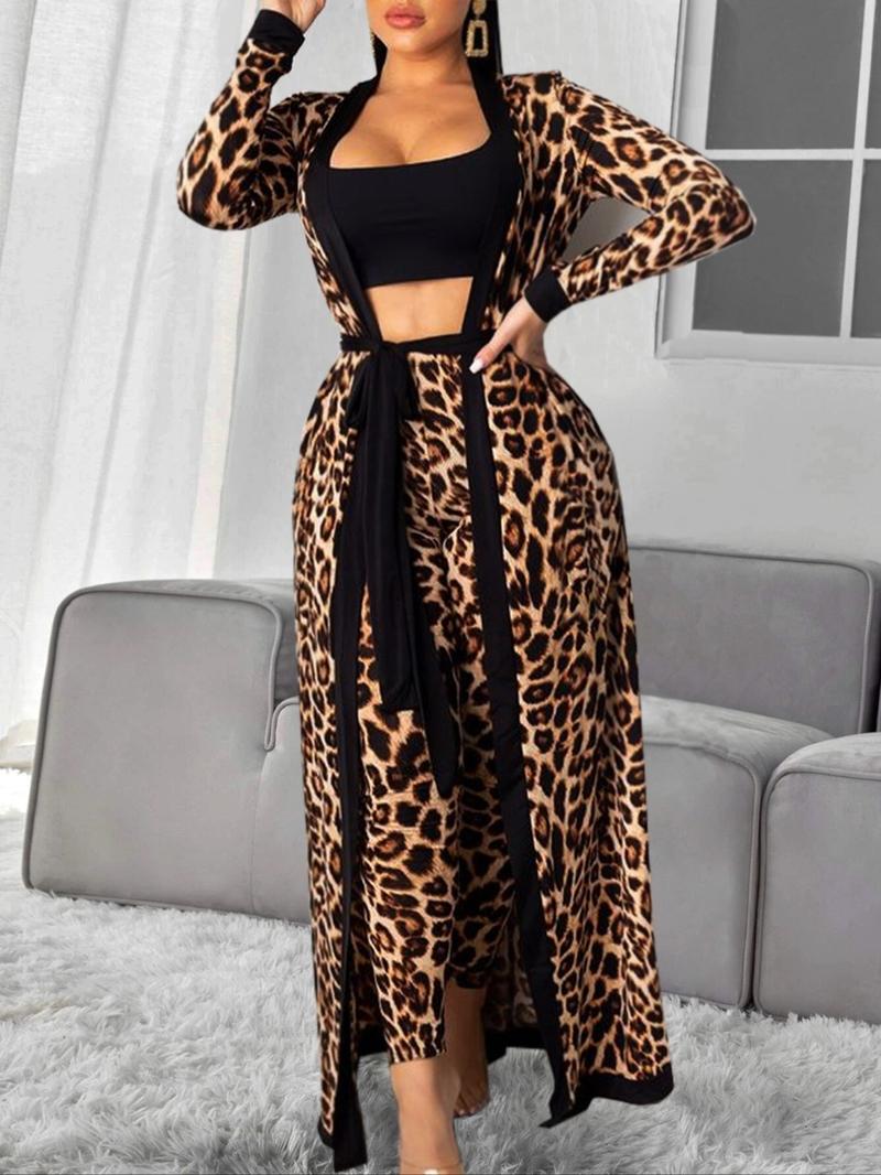 Women's Fashion Leopard Print Knit Elastic Casual Long Sleeve Coat Crop Top Long Pants Three Piece Set, Stylish and Comfortable