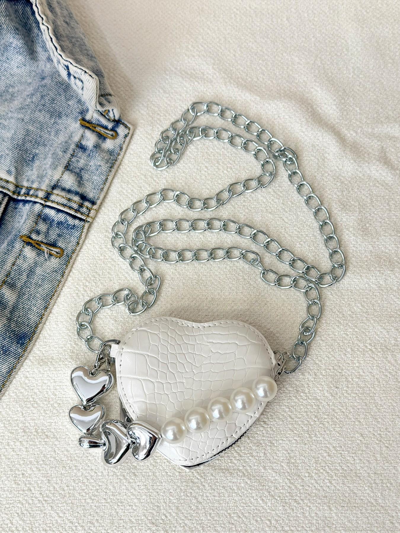Vintage Mini Crossbody Bag, Crocodile Pattern Pearl Chain Purse, Heart Shape Fashion Coin Wallet, All Seasons Solid Design