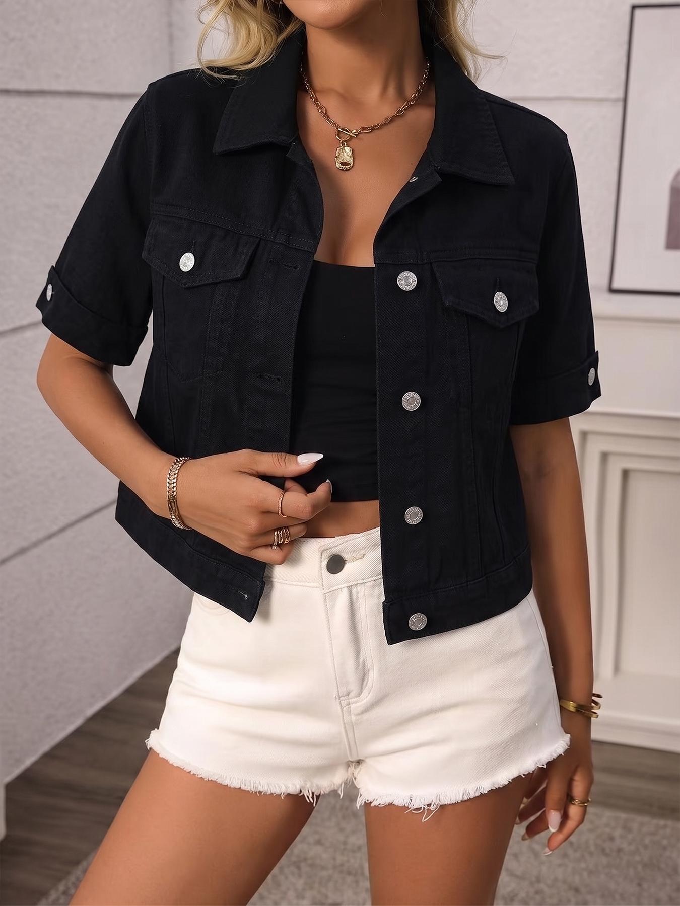 Women's Classic Short Sleeve Denim Jacket, Casual Single Button Short Denim Collar Top, Summer Outerwear, Loose-Fitting