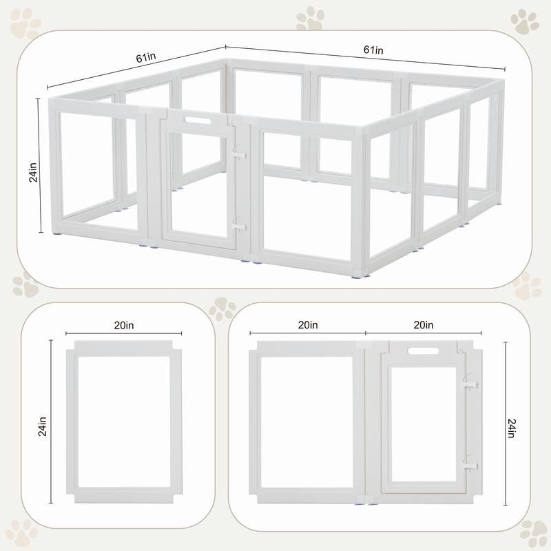 Transparent Pet Playpen, 8/12/16-Panel Pet fence with Door,  Indoor Dog Pen, 41*41*24/61*61*24, Foldable, White