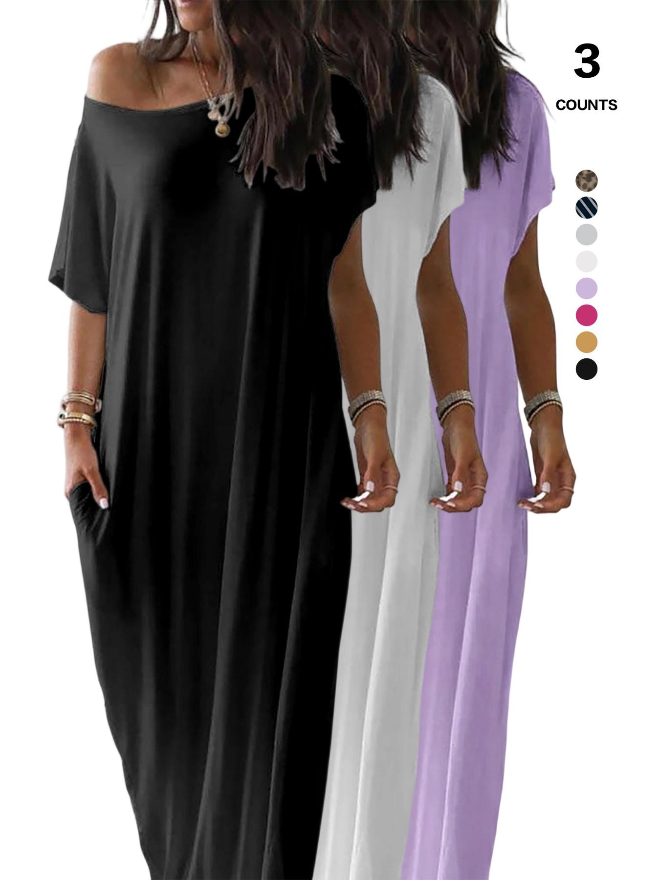 Women's Solid Color Batwing Sleeve Lounge Dress, Casual Comfy Short Sleeve Nightdress, Ladies Sleepwear for All Seasons