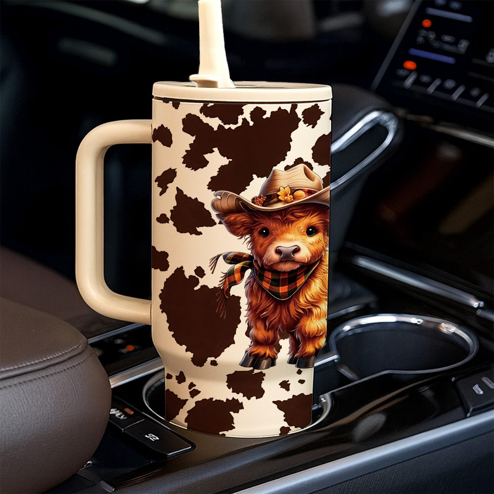 40oz Farm Style Car Travel Mug with Handle, Cute Highland Cow Design, Cow Print Pattern, Large Capacity Tumbler for Hot & Cold Drinks, Fits Car Cup Holder, Leak Resistant Lid, Western Country Gift for Women Men, Road Trip Coffee Cup