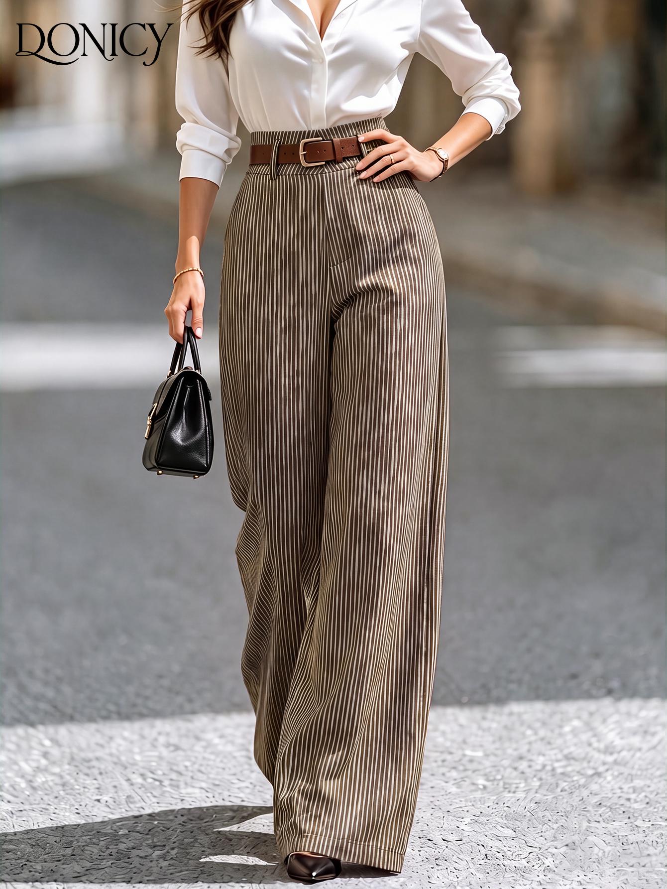 Women High Waist Vertical Striped Wide Leg Pants Soft Stretchy Fabric Elegant Long Trousers for Office Business Work Date Street Daily Casual Outfit