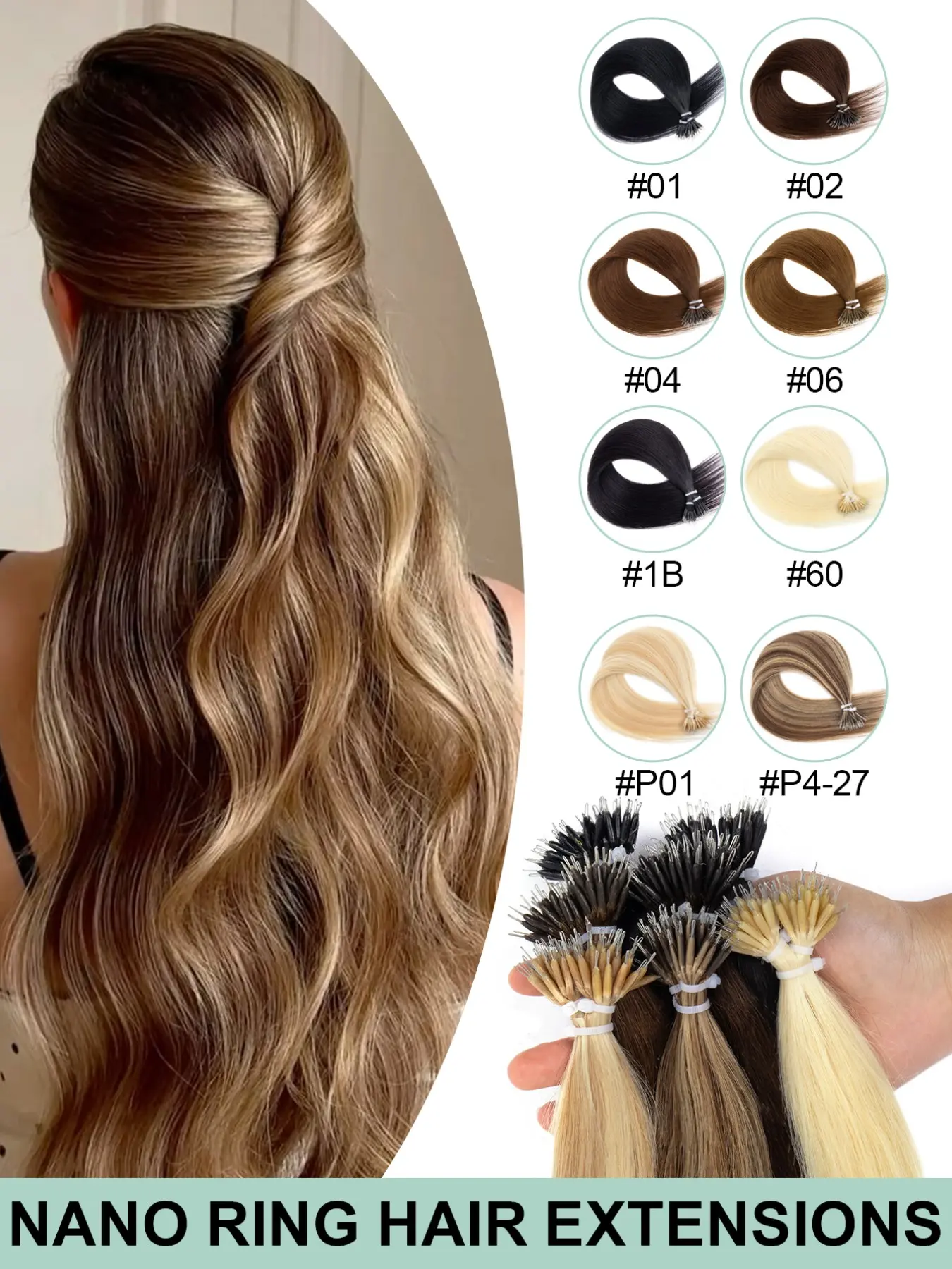 Nano Ring Remy Human Hair Extensions, Highlights Human Hair, Invisible Cold‑Fusion Nano Beads, Glueless Easy‑Install Straight Black & Blonde Highlight Strands, Heat‑Resistant Salon Grade Hair Accessories for Women for Daily, Wedding & Party
