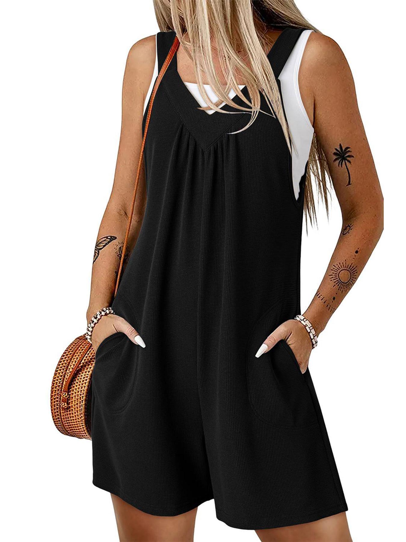 A solid color, sleeveless, waffle-knit, side-pocket, straight-leg, three-quarter-length overalls with straps suitable for summer, suitable for daily commuting, home, dating.