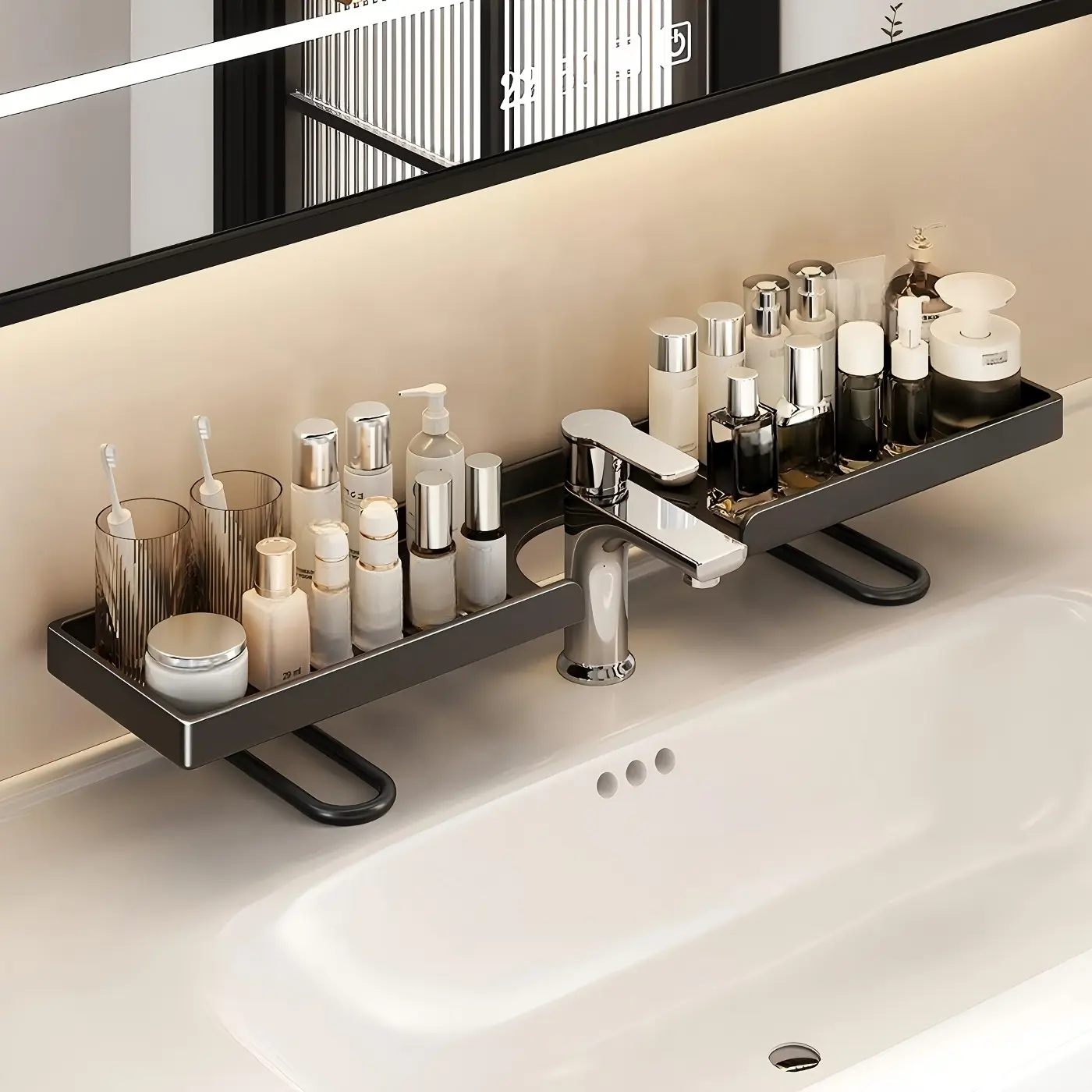 Faucet Storage Rack, Carbon Steel No Drill Organizer for Kitchen Sink & Bathroom Countertop, Large Opening Design Fits Most Faucets, Sink Caddy Holder for Sponge, Soap, Skincare & Toiletries