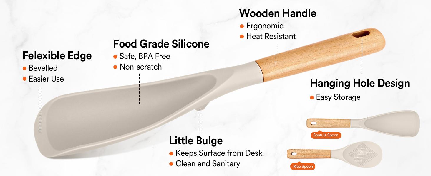 BADIANO Cooking Spoon and Rice Scooper for Nonstick Cookwares, Great for Cooking and Serving Durable BPA-Free Matte Silicone, Wood Handle Spoon for Mixing, Scoop, and Scrape