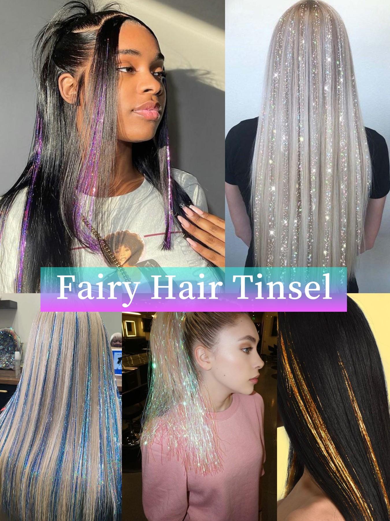 5pcs 24-Inch Royal Blue Flashy Clip-In Synthetic Hair Extensions, Bright Laser Fiber Design, Rainbow Color, Easy Wear, Perfect for Parties and Music Festivals