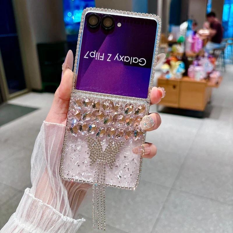 Luxury Rhinestone Butterfly Cute Phone Case For Samsung Galaxy Z Flip 7 6 5 4 Z Flip6 ZFlip7 Cover Korean Hard Cases ZFlip7 Capa