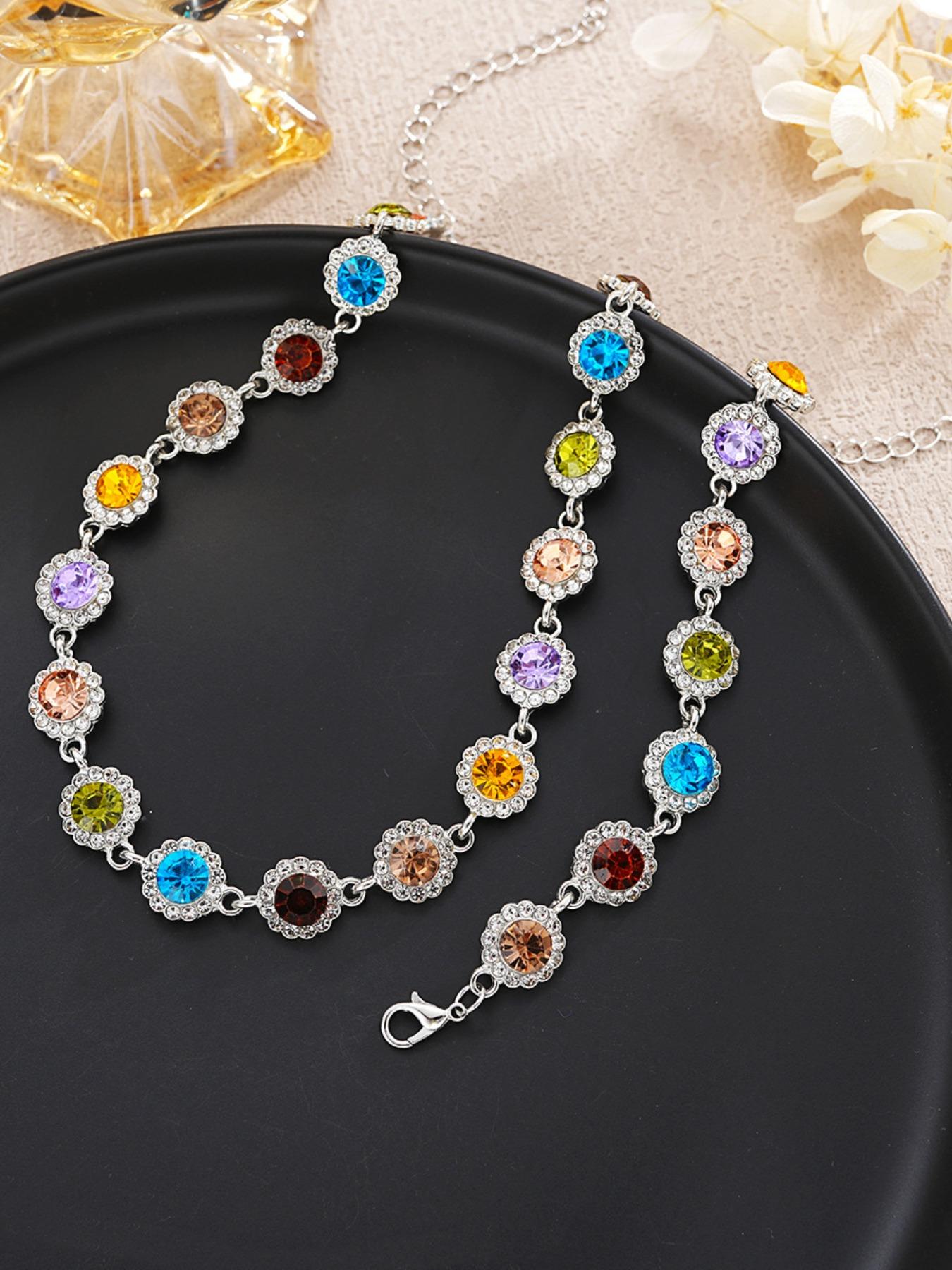 Bohemian Dopamine Colorful Rhinestone Artificial Crystal Necklace, Elegant Sparkling Jewelry for Women & Girls, Perfect Gift for Holidays & Birthdays