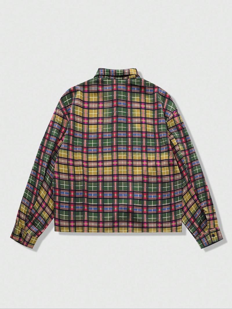 Men's plaid shirt, adorned with rhinestones, long sleeves, American urban style, Casual street style