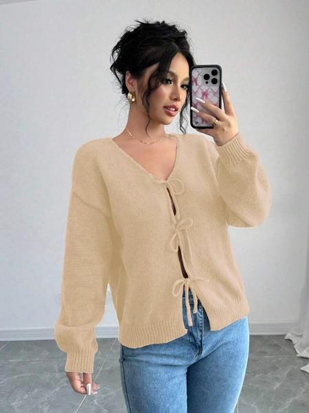 Women's Loose-Fit Shoulder Strap Sweater Cardigan, Solid Butterfly Knot Design, Casual Long Sleeve V Neck Knitwear for Spring & Fall