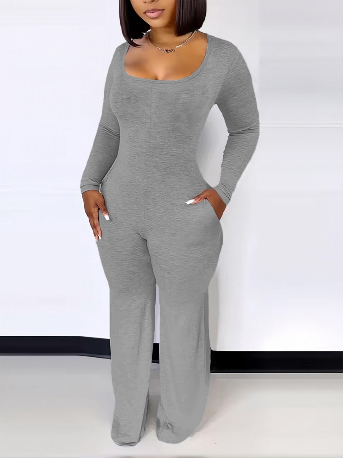 Women's Sexy Fitted Long Sleeve Jumpsuit, Plain Pattern, Minimalist, All Seasons Fashion, Low Neck Pocket Design, European & American Style