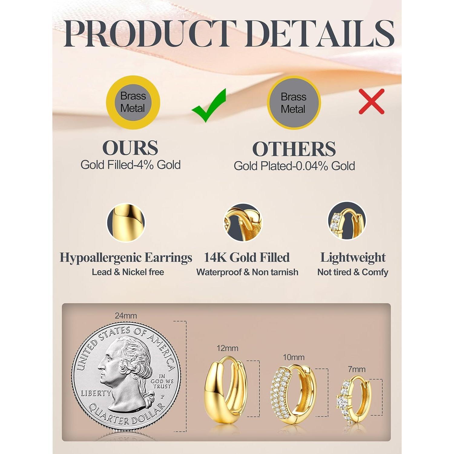 3 Pairs Small 14K Gold Plated Chunky Hoop Earrings for Women Hypoallergenic Silver Earrings Set for Sensitive Ears Non Tarnish Huggie Hoops Earring Stacks for Multiple Piercing Jewelry Gifts