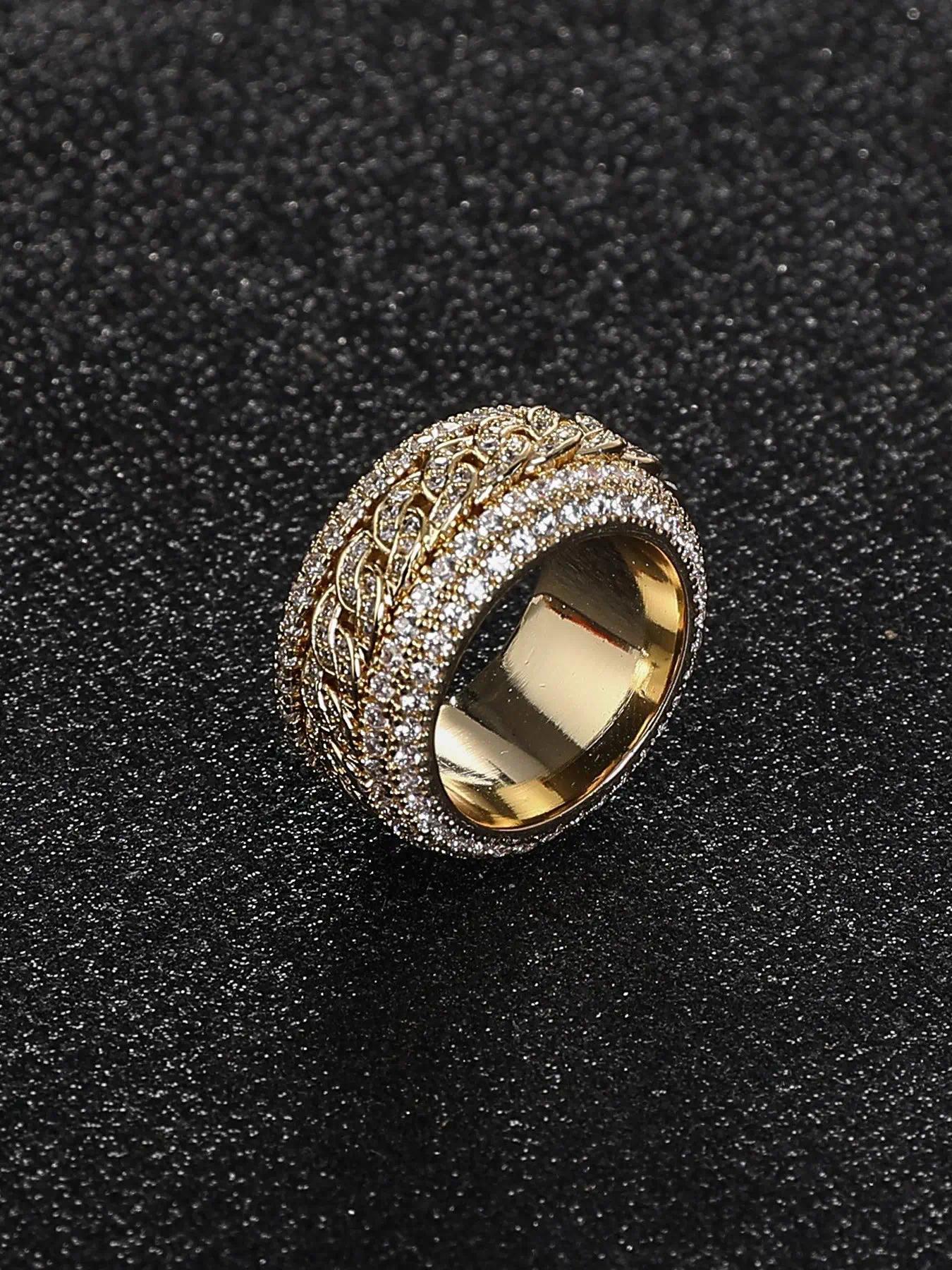 Fashion Hip-Hop Rock Ring - Diamond Rotating Stress-Relieving Cuban Ring, Pure Gold Plated Copper Material, 3A Grade Cubic Zirconia, Shiny Diamond Cuban Chain Ring, Micro Set Zirconia Ring - Gender-Neutral Punk Accessories, Gold and Silver Color