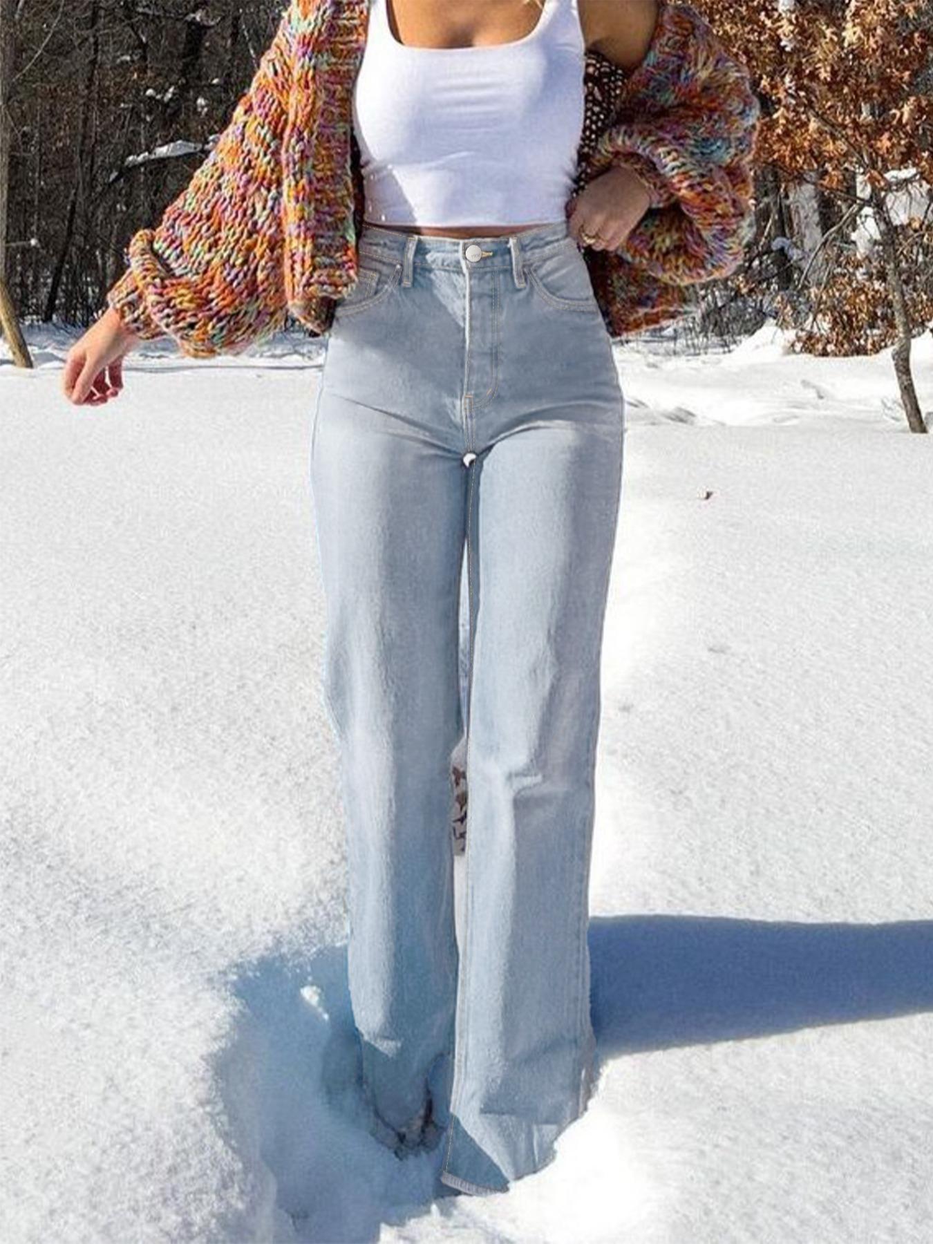 Women's Elastic Washed Casual Light Blue Wide-Leg Jeans, Loose-Fitting All-Season Denim Jeans for Daily Wear & Dates