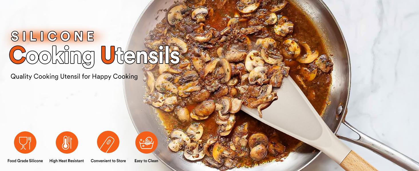 BADIANO Cooking Spoon and Rice Scooper for Nonstick Cookwares, Great for Cooking and Serving Durable BPA-Free Matte Silicone, Wood Handle Spoon for Mixing, Scoop, and Scrape