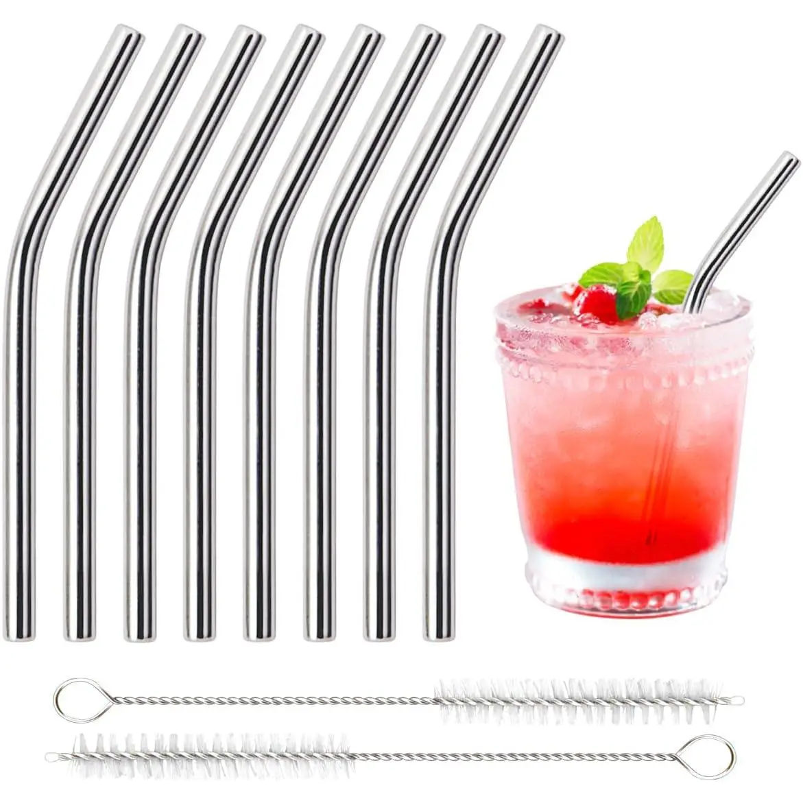 8 Pack 6 Inch Short Bent Metal  Straws,  Stainless Steel Smoothie Drinking Straws with Cleaning Brush for Coffee Mugs, Small Glasses or Cups