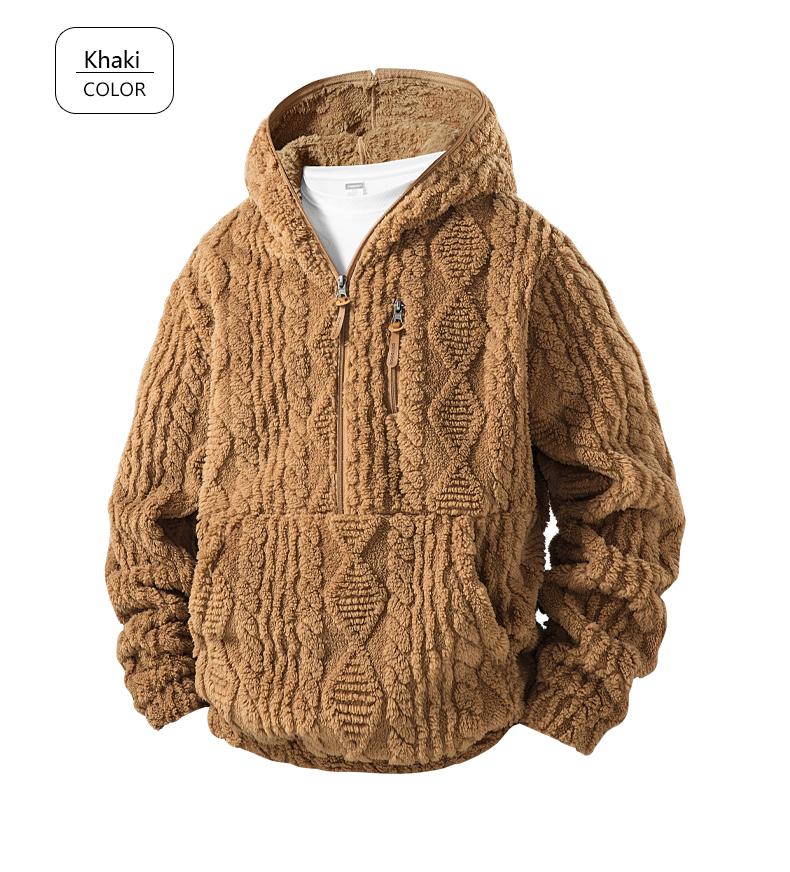 Men's Warm  relaxed fit outer Jacquard Fabric Loose-Fit Full-Zip Hoodie Jacket - Plush Texture Plain Hooded Outer Coat with Decorative Zipper Pull, Kangaroo Pockets, for Outdoor Indoor, Urban Commute, Menswear Tops