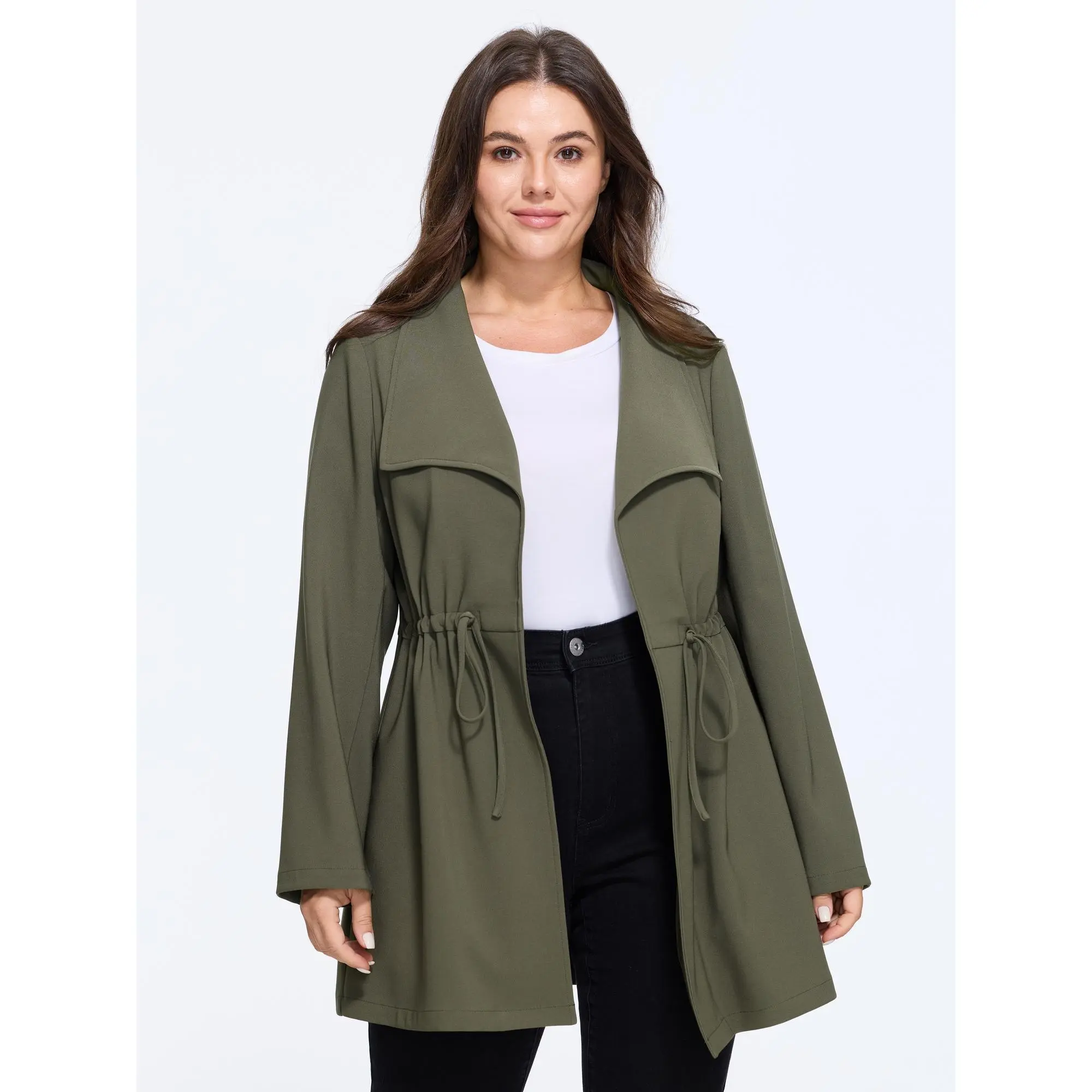 BLOOMCHIC Plus Size Lapel Collar Drawstring Waist Trench Jacket