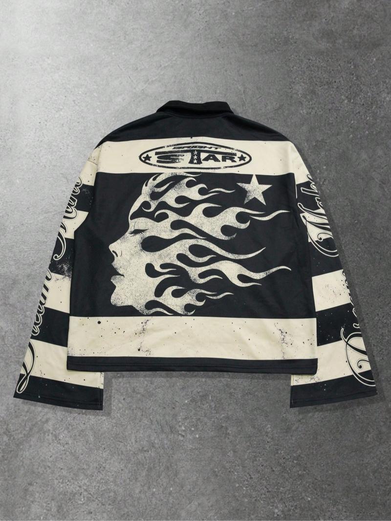 Men's Street Life Men's Street Graphic Print Stripe Polo Neck Long Sleeve T-Shirt, Autumn Winter