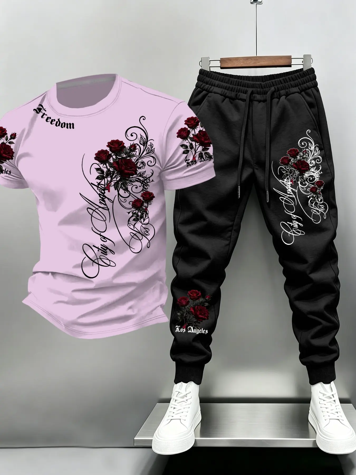 American Vintage Red Rose Floral Gothic Script Short Sleeve Set, Breathable Comfort T-Shirt + Drawstring Sport Pants, Trendy Fashion for Streetwear