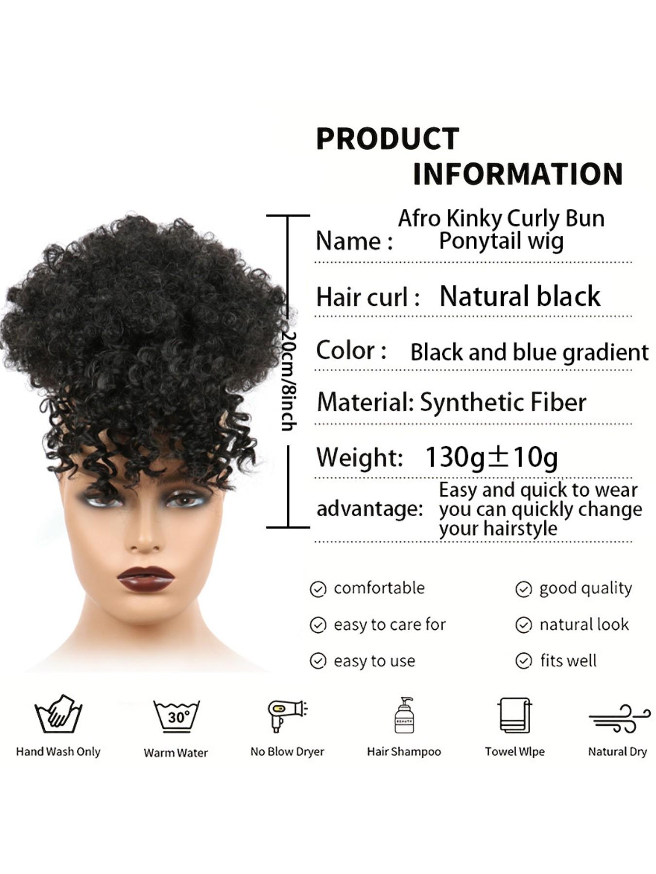 Women Drawstring Hair Bag, African Loose Curl Ponytail Extension, Bangs Flower Braid Style, High Crown Heat Resistant Fiber Wig Piece