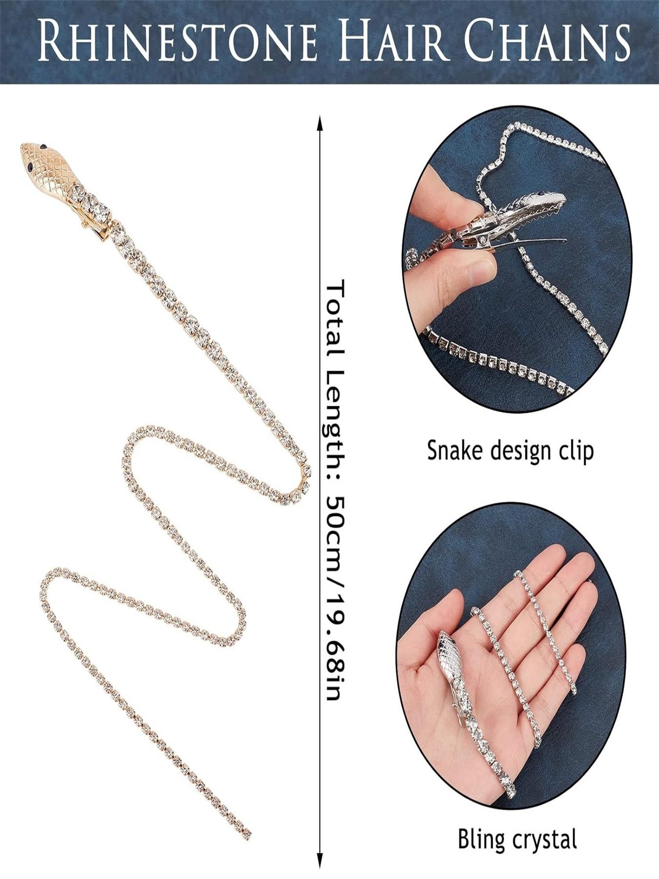 Niceneeded 2 Pcs Rhinestone Snake Hair Chain, Punk Crystal Tassel Hair Clip Chain, 50.8cm Long Rhinestone Decorative Hair Accessory for Women Halloween