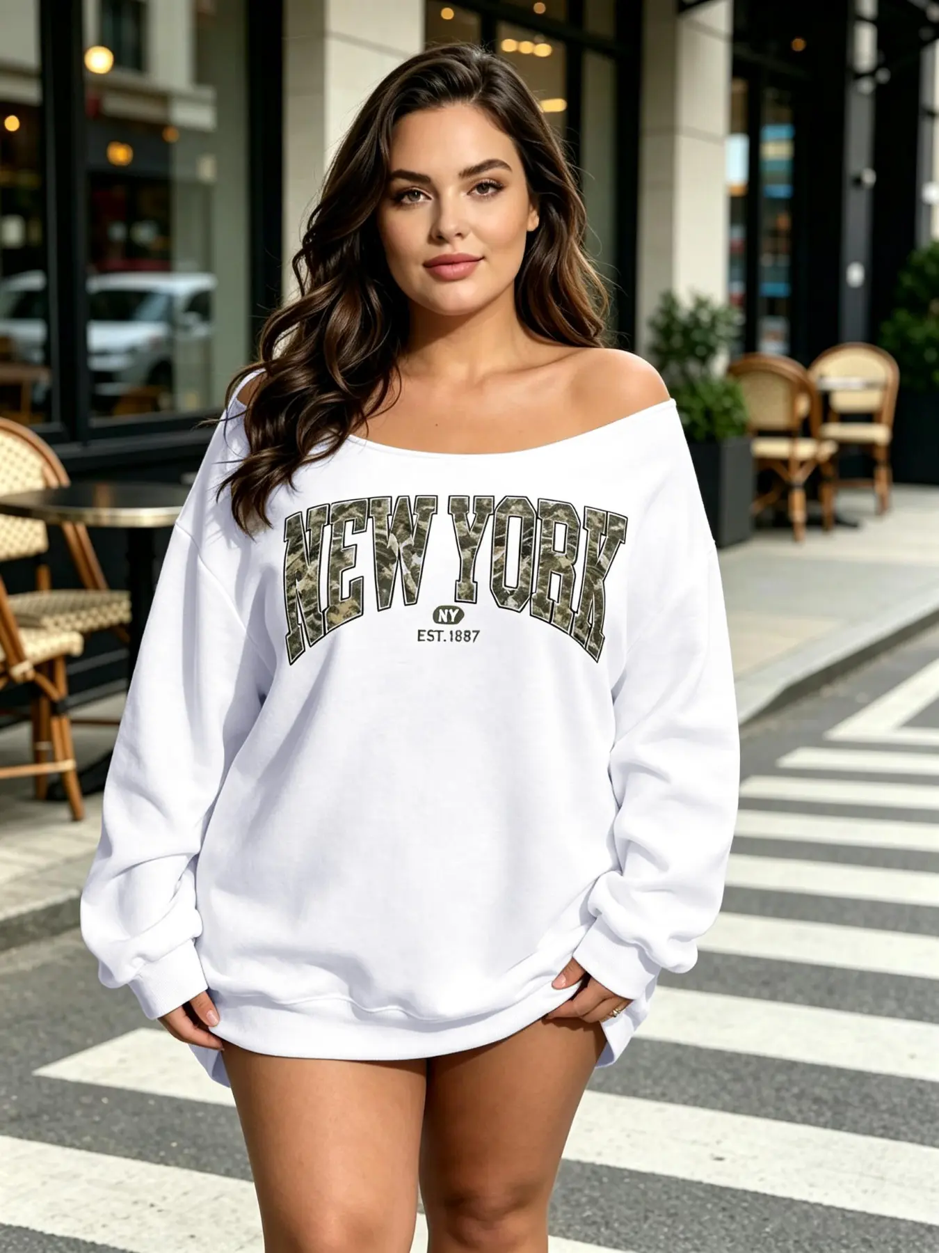 Plus Size Women's Top, Letter Print Asymmetrical Shoulder, Loose Long Sleeve Pullover, Casual Street Style, Spring & Fall Fashion