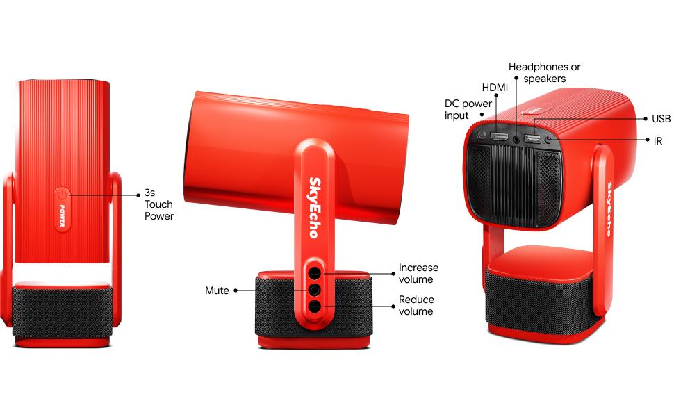 SkyEcho Portable Gimbal Projector. 270° Rotating Universal Motion Mount. Auto Focus & Keystone Correction. 4K Hardware Decoding. dual WiFi 6. Android OS. Bluetooth 5.2. Wireless Screen Mirroring & Casting.Projector for bedroom Audio