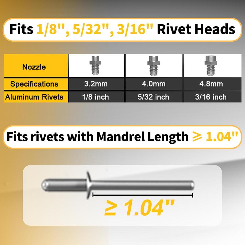 Cordless Electric Rivet Gun Compatible with Dewalt 20V Battery (NO Battery!!), Stainless Rivets: 3 Sizes(1/8",5/32",3/16") & Nose Pieces, LED Light,Rivet Nut Tool