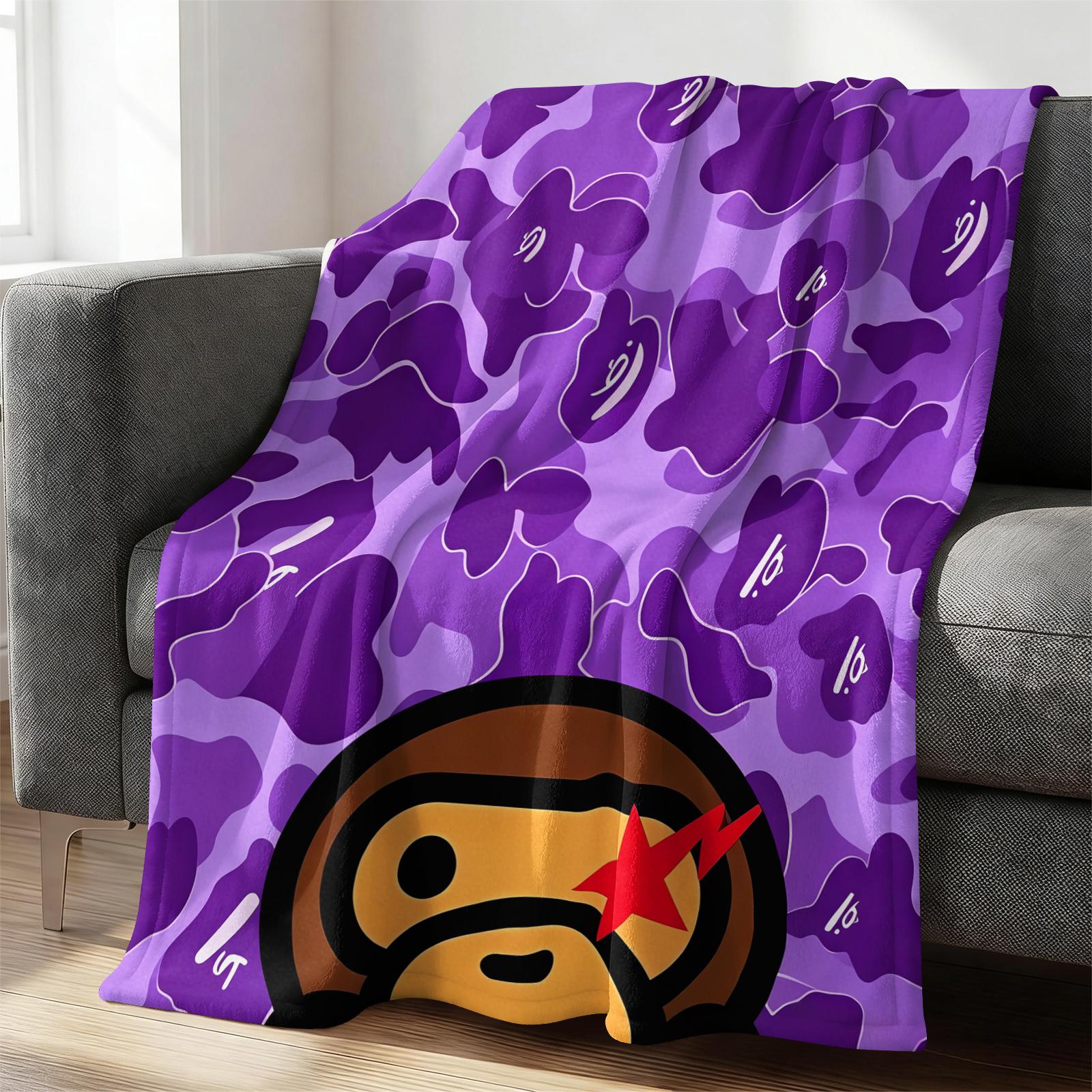 All Season Flannel Blanket, Purple Camouflage Street Cartoon Graphic Fleece Throw Blanket, Monkey Head With Red Star Pattern Warm Nap Blanket, Portable Travel Home Decor Blanket