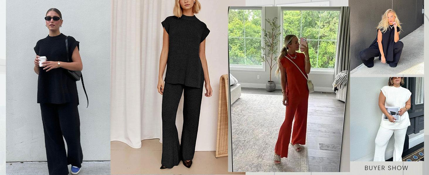 SCUSTY Womens 2 Piece Outfits Sweater Set Sleeveless Side Slit Pullover Top Knit Wide Leg Pants Lounge Matching Sets SCUSTY Womens 2 Piece Outfits Sweater Set Sleeveless Side Slit Pullover Top Knit Wide Leg Pants Lounge Matching Sets