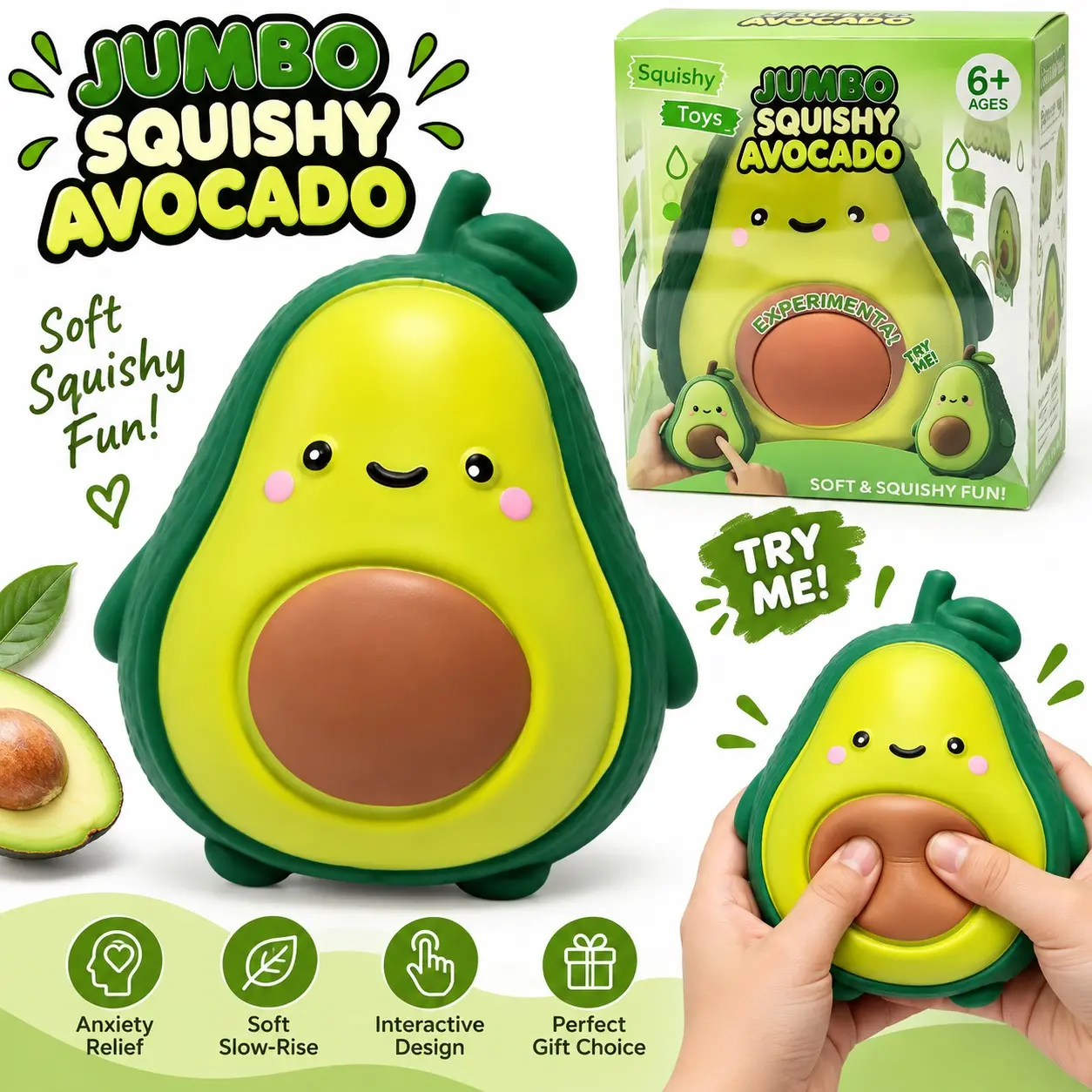 Giant Avocado Squishy Toy, Sensory Fidget Toy for Anxiety Relief, Soft Slow‑Rise Stress Relief Toy, Stress Relief Squishies, Cute Realistic Fruit Shape, Fun Interactive Design, Perfect Gift Choice for Boys & Girls, With Gift Box Packaging