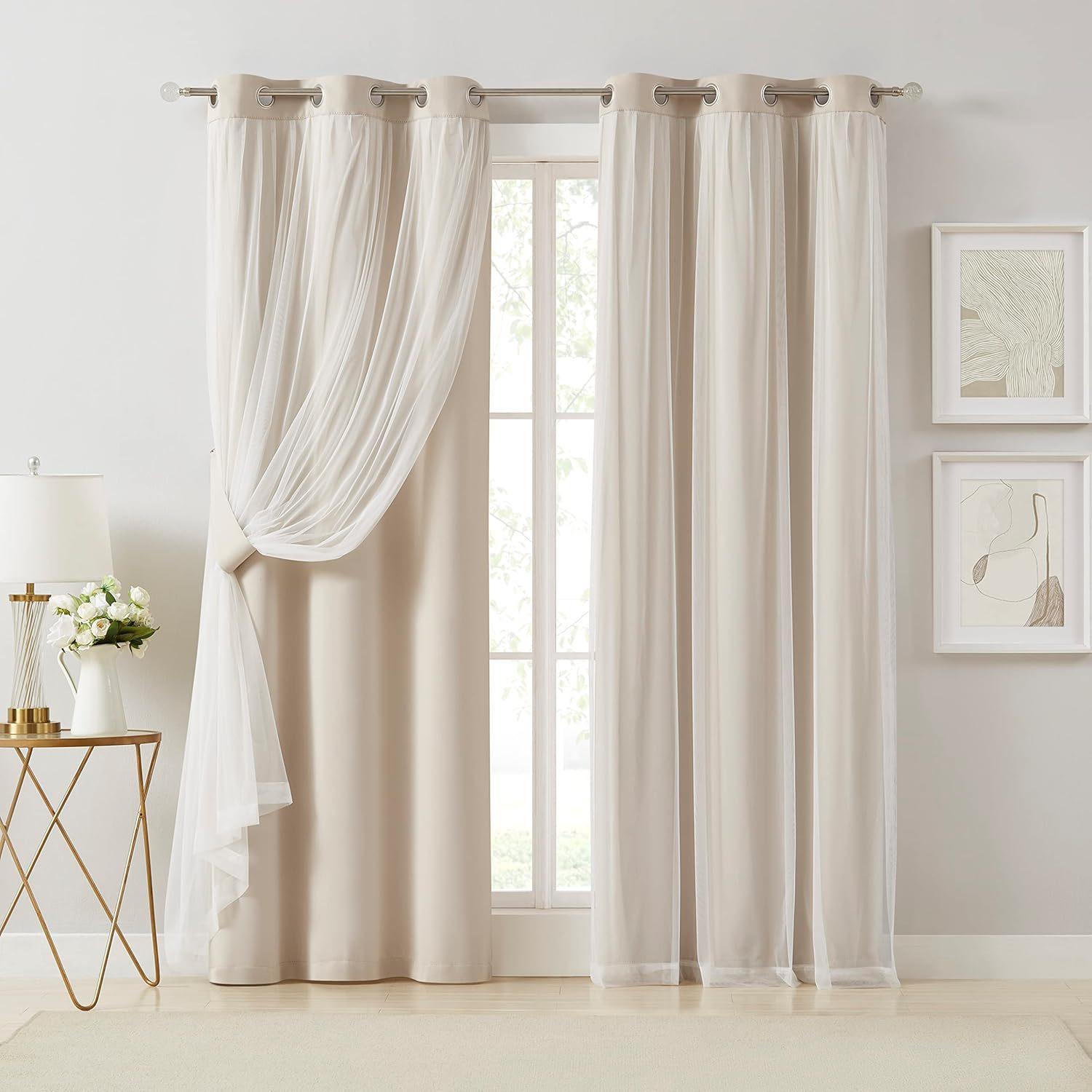 French Romantic Aesthetic Two-Layer Cloth Light-Blocking Finished Product Curtain, Fashionable Hole Drapery for Living Room, Stylish and Trendy Window Covering