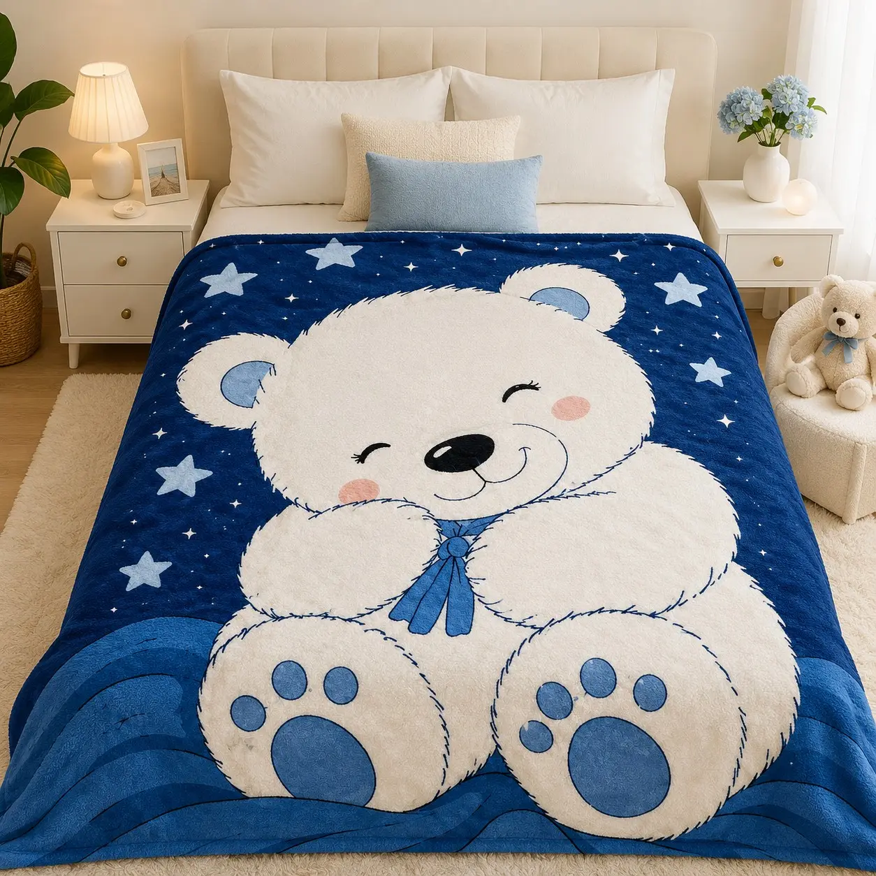 Cute Teddy Bear Flannel Throw Blanket, Blue Starry Night Print, Soft Cozy Lightweight Warm Blanket for Couch Bed Bedroom, Gift for Kids & Bear Lovers