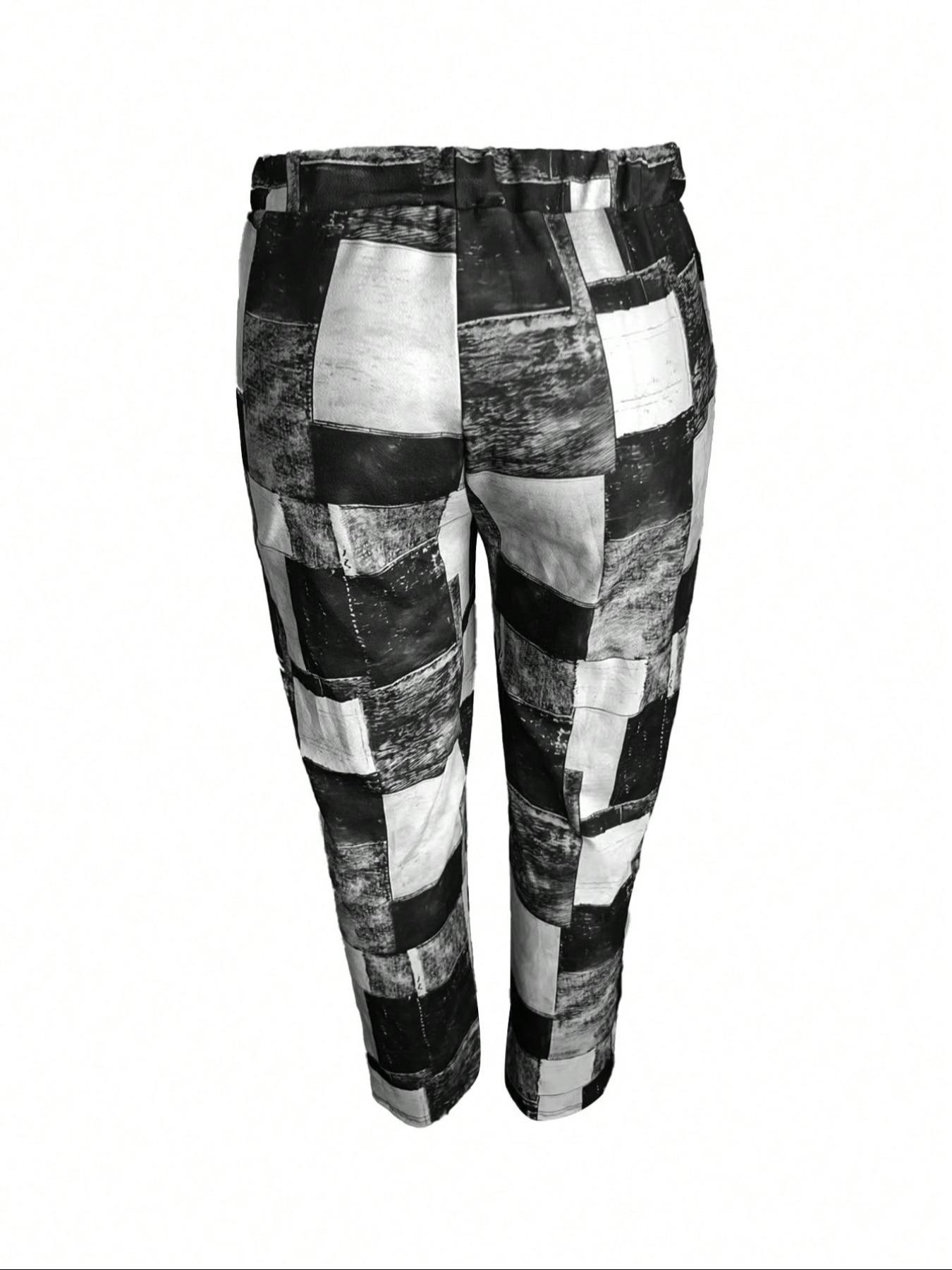 【Plus Size】 Colorblock Patchwork Print Drawstring Waist Pants, Casual Fashion Comfy Pocket Trousers for Daily Wear, Women's Bottoms for Summer